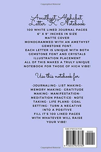 Amethyst Alphabet Letter ‘K’ Notebook: Purple Monogrammed Gemstone Crystal Notebook ; 6" x 9" inches white lined Journal Pages (Amethyst Alphabet Notebooks) - Image 2