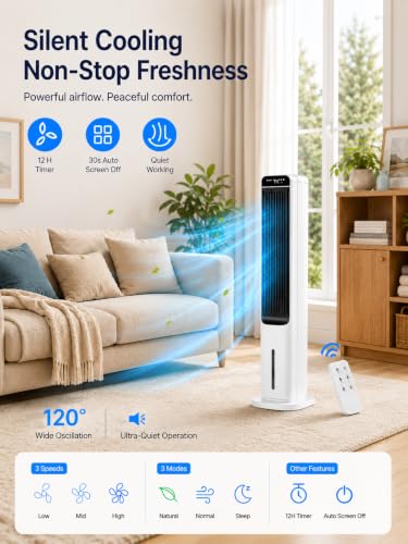 Image of Uthfy 41 Inch Swamp Cooler Air Conditioner, 3-in-1 Portable Air Conditioners with 120 Oscillation, Top Fill, 4L Water Tank, 4 Ice Parks, 4 Modes, Fans that Blow Cold Air with Remote and Touch Control