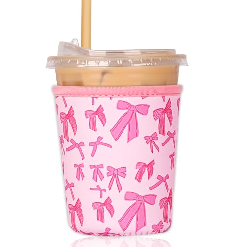 Image of Reusable Insulated Sleeve for Iced Coffee Cup, Coffee Neoprene Sleeve for Cold & Hot Drinks, Beverage Holder for Iced Coffee (Pink Bows, Small: 16-18oz)