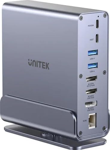 UNITEK 15in1 USB-C DisplayLink Triple 4K Dockingstation, MST für Mac M1, Dual HDMI & DP 4K@60Hz, 100W PD, 10Gbps USB-Anschlüsse, SD/MicroSD, Gigabit Ethernet, 360° drehbare Wiege - Universal Laptop