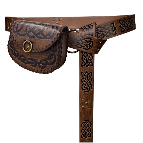 HiiFeuer Ceinture médiévale à Anneau en Forme de O avec Sac de Ceinture en Forme de Viking, Ceinture et Pochette de Ceinture Vintage en Faux Cuir pour LARP (Marron B)