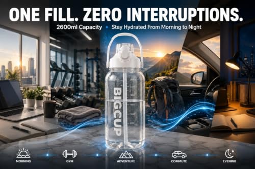 Image of AQUAFIT 2600ml Large Water Bottle with Straw & Handle, 2.6L Motivational Sports Water Bottle with Time & ML Markings, Leakproof Gym Water Bottle for Men & Women, Fitness, Travel & Outdoor