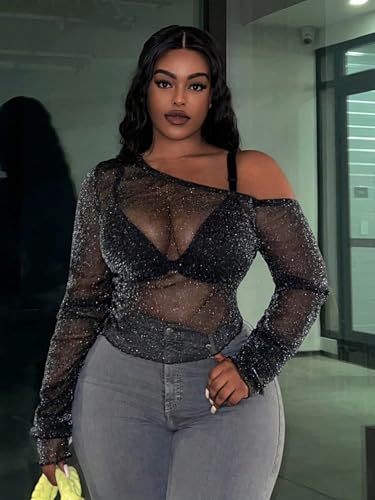SOLY HUX Women's Plus Size T Shirts See Through Sheer Tops Off The Shoulder Long Sleeve Sexy Sparkly Tee4