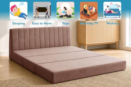 Image of Three-Seater Foldable Sofa Bed with, Modern Velvet Fabric Folding Couch for Living Room, Guest Room & Small Spaces-Brown