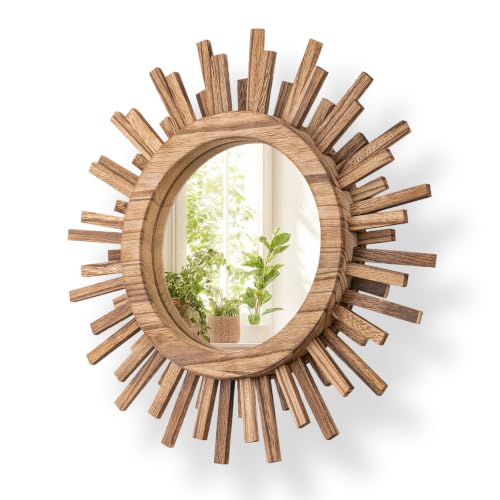amoard 12 Inch Boho Sunburst Mirror Round Wooden Wall Decor Starburst Sun Mirror for Bedroom Living Room Bathroom Hallway Balcony Farmhouse Entryway Housewarming GiftRustic Brown
