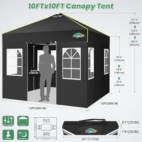 Image of COBIZI 10x10 Pop Up Canopy Tent with 4 Removable Sidewalls, One Push Party Tent Outdoor Waterproof Event Canopy with Air Vent for Parties Commercial Wedding, 3 Height, Carry Bag, Sandbag, Black
