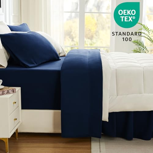 Image of Love's cabin Fleece Queen Sheet Set - 4 Pcs Dark Blue Winter Soft Plush Polar Fleece Bed Sheets Set with 16 inch Deep Pocket,Cozy Warmth for Cold Season(1 Flat Sheet,1 Fitted Sheet,2 Pillow Cases)