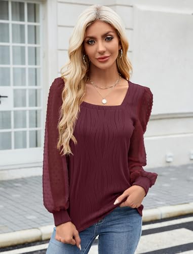 JUSTFASHIONNOW Fall Long Sleeve Shirts for Women Blouses Dressy Casual Square Neck Puff Sleeve Tops Textured Knit T Shirts4