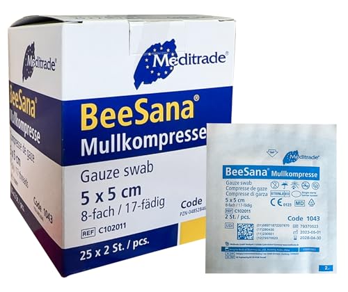 Sterile Kompressen 5x5 cm 50 Stück Nicht klebende Wundauflagen Mullkompressen Steril 8 Lagen Verbandsmaterial Wundkompressen zur Wundversorgung Blutabsorbtion und Sekretaufnahme (5 x 5 cm)