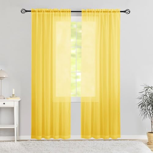 Karseteli Semi Voile Sheer Curtains 84 Inches Long 2 Panels Rod Pocket Window Treatment for Living Room Bedroom Dining Room(Yellow 42 W x 84 L)