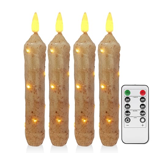 Image of 6.5 Inches Primitive Real Wax LED Flameless Khaki Short Candlesticks Hand Dipped Battery Operated Taper Candles with Timer Remote Candles for Vintage Rustic Home Decor, Pack of 4(Khaki)