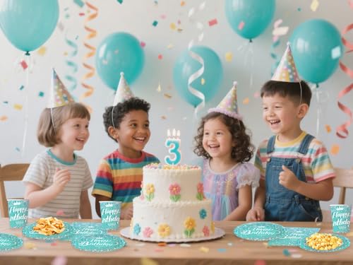 Bikasun Hellblau Partygeschirr Set, 16 Gäste Blau Diamant Geburtstag Geschirr, Kindergeburtstag Teller Becher Servietten Pappteller Party Deko Mädchen Jungen Tischdekoration