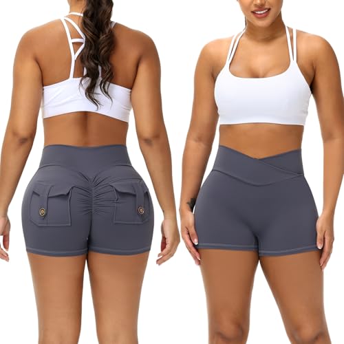2 Pack Women Scrunch Butt Workout Shorts with Pockets V Waist Athletic Gym Biker Shorts for Women Yoga Booty Bottoms2