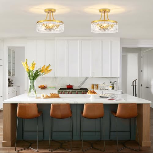 Brushed Gold Ceiling Light Modern Hallway Light Fixtures Hammered Glass Semi Flush Mount Ceiling Light Entryway Light Fixture Bedroom Kitchen Dining Room Bathroom Close to Ceiling Light Fixtures by LZLDCJ - Used condition - Image 2