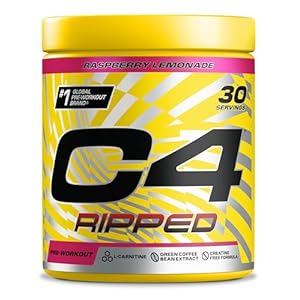 C4 Ripped Pre Workout Powder Raspberry Lemonade 30 Servings | Zero Sugar Pre Workout with 150mg Caffeine, 500mg L Carnitine, 1600mg Beta Alanine, 200mg Green Coffee Bean Extract