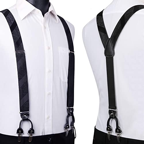 Image of HISDERN Suspenders for Men Paisley Floral Bow tie Suspender Pocket Square Sets Adjustable Y Shape 6 Clips Wedding Braces