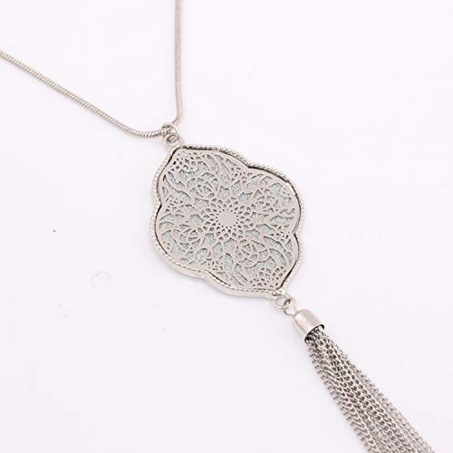 MOLOCH Long Necklaces For Woman Disk Circle Pendant Necklaces Tassel Fringe Y Necklace Set Statement Pendant (quatrefoil-shaped-silver) - Thumbnail 3