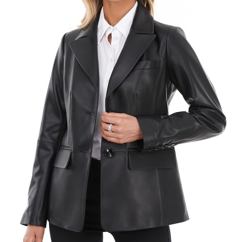 Lambskin Leather Jacket Women,Long Sleeve Button Front Leather Blazer,Notched Lapel Casual Style,Vent Detail3