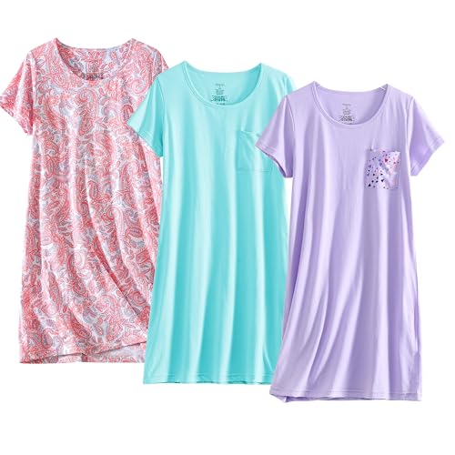 Image of PNAEONG 3 Pack Women's Cotton Nightgown Sleepwear Short Sleeves Shirt Casual Print Sleepdress