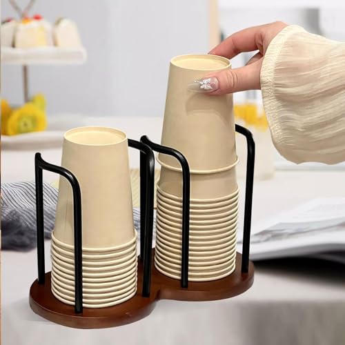 Wooden Cup Dispenser 3oz-12oz Dual Slot Iron & Wood Cup Holder Wall Mounted & Desktop Disposable Drinkware Organizer Walnut Finish Black Storage Holder for Bathroom Kitchen Office Cafe Gym