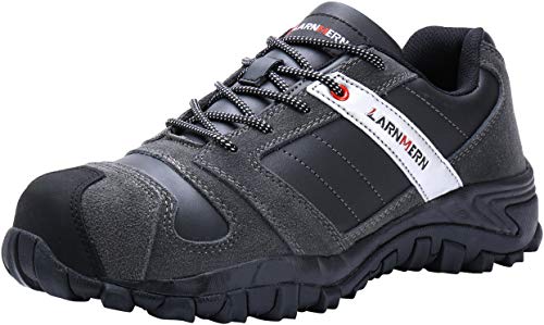 LARNMERN Steel Toe Shoes Men, Safety Work Reflective Strip Puncture Proof Footwear Industrial & Construction Shoe/10/Black Gray/mesh