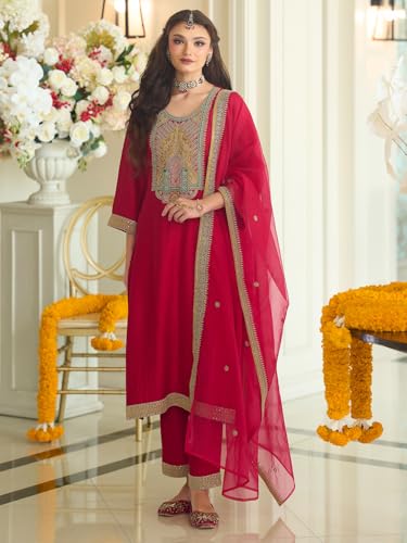 Image of INDO ERA Women's Silk Blend Ethnic Motifs Embroidered A-Line Kurta & Pant with Dupatta Set (IEOUT12371)
