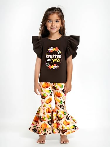 Image of Unique Baby 2 Piece Girls Double Bell Bottom Leggings Outfit with Short Sleeved Shirt Kid and Toddler Clothes Set