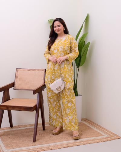 Image of MEERA FAB Women Printed V-Neck Pure Cotton Tunic with Trousers Co-Ords Set