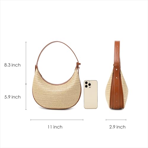 Women's Small Handmade Woven Straw Summer Beach Crescent Hobo Tote Crossbody Bag with Adjustable Strap4
