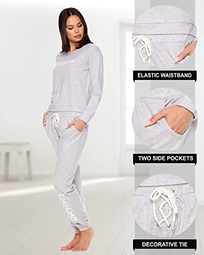 bebe Womens Pajama Sets - French Terry Pajamas Long Sleeve Pullover Top and PJ Pants with Pockets - Sleepwear for Women (Heather Grey, X-Large) - Thumbnail 3