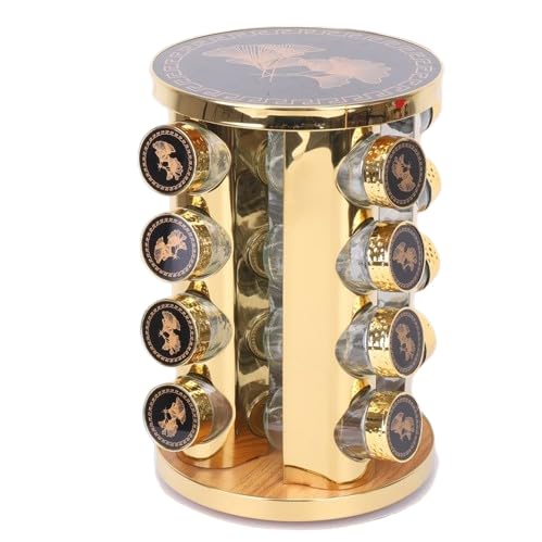 FEELING MALL Revolving Spice Tower | Round Spice Rack | Set of 16 Spice Jars | Seasoning Storage Organization | Stainless Steel (16 Jar - Golden)