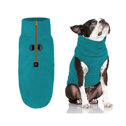 Image of Gooby Half Zip-Up Fleece Vest Dog Sweater, Turquoise, X-Small | Soft warm fleece; Half-zip, larger opening; Streamlined cutaway fit; Dual D-ring leash; Machine washable