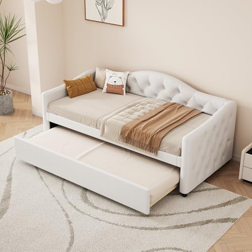 Kebnor 90 x 200 cm, letto con letto estraibile, divano letto, letto singolo (senza materasso), lino, stile minimalista (beige)