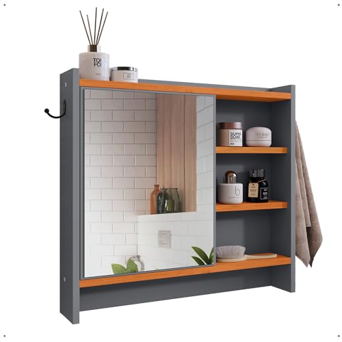 Armário Com Espelho Porta Gancho Para Toalha Banheiro Genova (Cin...