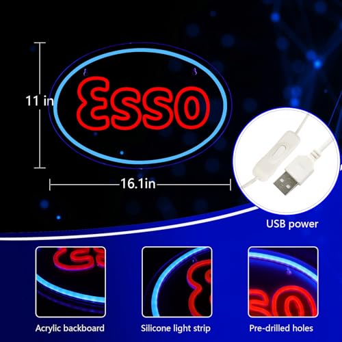 Image of WonderfulLife Esso Neon Sign for Garage Decor,Led Signs for Bar Man Cave Wall Decor,Lube Store or Gasoline Station Display Lighting,Easy Hanging.