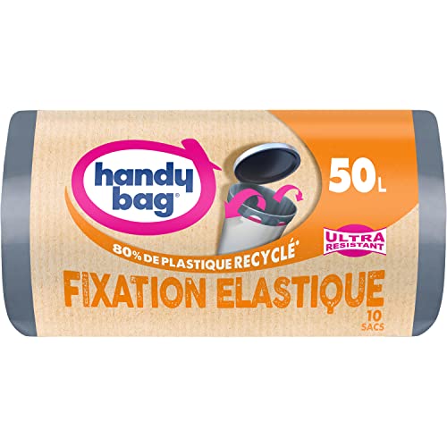 HANDY BAG Rouleaux de 10 Sacs Poubelle 50 L Ultra Résistant, 80% de plastique recyclé, Fermeture à poignées coulissantes à fixation élastique, Triple épaisseur, Anti-fuite, 68 x 73 cm Cover