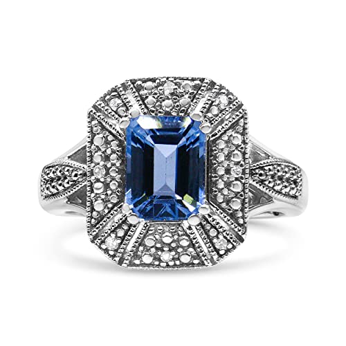.925 Sterling Silver Diamond Accent and 8X6 mm Emerald-Shape Blue Topaz Ring (I-J Color, I2-I3 Clarity) - Ring Size 6.5