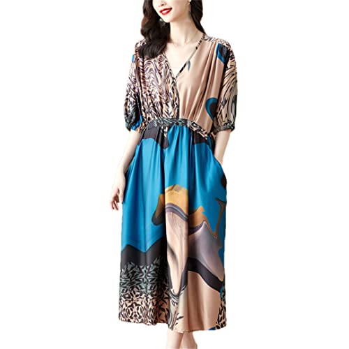 Robe d'été soyeuse à manches longues bleue coupe rétro Hndudnff