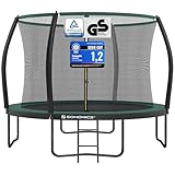 SONGMICS Trampolin 366 cm d, Gartentrampolin für Kinder mit Sicherheitsnetz, 180 cm hohe gebogene Stangen, Randabdeckung, Leiter, Stahlrahmen, schwarz-dunkelgrün STR122C01