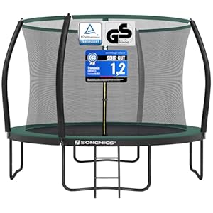 SONGMICS Trampolin 366 cm d, Gartentrampolin für Kinder mit Sicherheitsnetz, 180 cm hohe gebogene Stangen, Randabdeckung, Leiter, Stahlrahmen, schwarz-dunkelgrün STR122C01