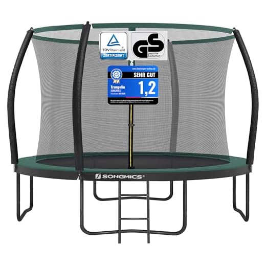 SONGMICS Trampolin 305 cm d, Gartentrampolin für Kinder mit Sicherheitsnetz, 180 cm hohe gebogene Stangen, Randabdeckung, Leiter, Stahlrahmen, schwarz-dunkelgrün STR102C01