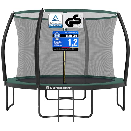 SONGMICS Trampolin 305 cm d, Gartentrampolin für Kinder mit Sicherheitsnetz, 180 cm hohe gebogene Stangen, Randabdeckung, Leiter, Stahlrahmen, schwarz-dunkelgrün STR102C01