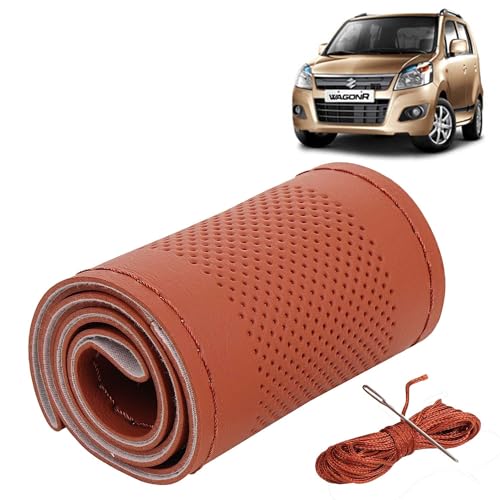 Image of KINGSWAY PU Leatherite Car Steering Cover Sewable Compatible with Maruti Suzuki Wagon R (Year 2010-2018), Tan Color with Tan Thread, Pack of 1 with Sewing Needle and Thread