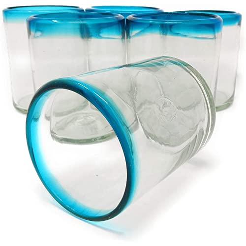 Set de 6 vasos de vidrio soplado mexicano con borde azul miniatura 4
