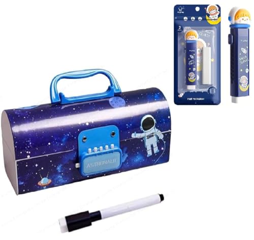 Image of WORSHIPER New Cartoon Theme Pencil Box with Push Pull Eraser Set for Kids | Suitcase Style Password Lock Stationery Organizer | School Supplies Gift Combo for Boys & Girls (Space + Eraser)