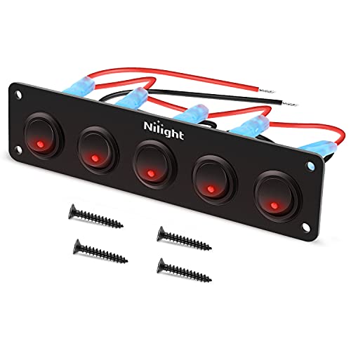 Image of Nilight 5 Gang 3 Pin Rocker Switch Panel On Off SPST Toggle | 12V 12V /20A 24V /10A Pre-Wired for LED Light Bar Rear Rock Lights Cars Trucks RV Boats 4X4 Red