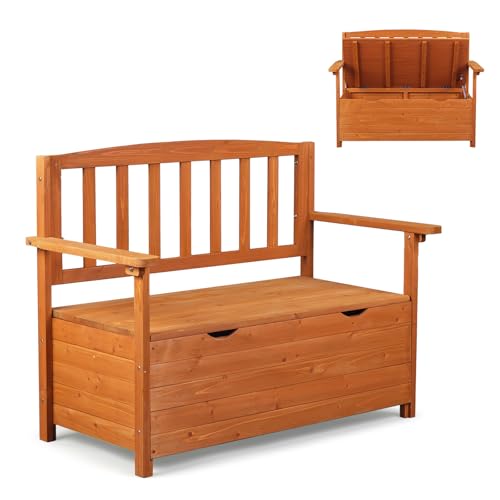 Image of VINGLI Outdoor Storage Bench, Large Wood Deck Box with Seating, Weatherproof Outdoor Bench with Storage Loveseat, 2-Person Wooden Patio Bench for Entryway, Backyard, Garden