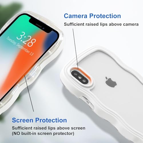 Image of GoldKart iPhone Xs Max Case Wavy Edge Clear Back Design, Anti-Slip Grip Cute Wave Curly Frame Shape Shockproof Soft TPU & Hard PC Bumper Protective Phone Case Cover for Women Girls - White