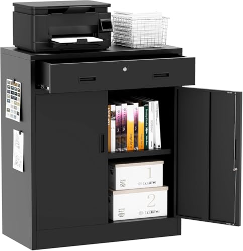 Image of Metal Storage Cabinet 36 inch H, Locking Storage Cabinet with 1 Drawer and Adjustable Shelf, Garage Storage Cabinet for Home Office, Garage, School, Apartment, Warehouse