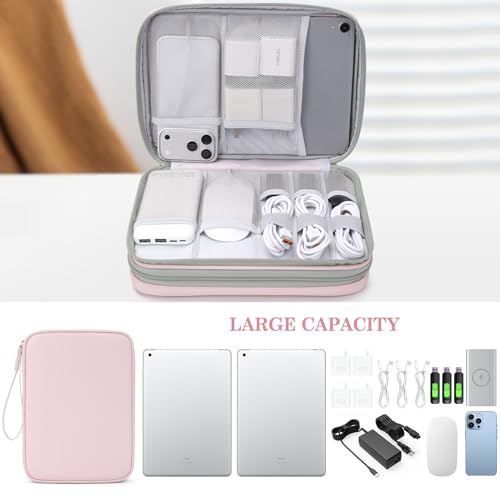Image of FYY Electronic Organizer, Extra Large Travel Cable Organizer Bag Pouch Portable Waterproof Double Layers All-in-One Storage Bag for iPad, Cable, Power Bank, Laptop Charger for Office /Home, Light Pink